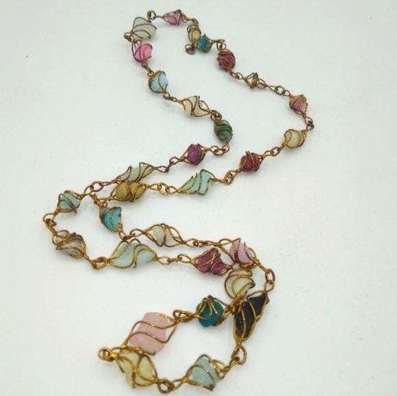Artisan Jewelry - Vintage 1960s Artisan Handmade Wire Wrapped Semi Precious Stone Cage Necklace